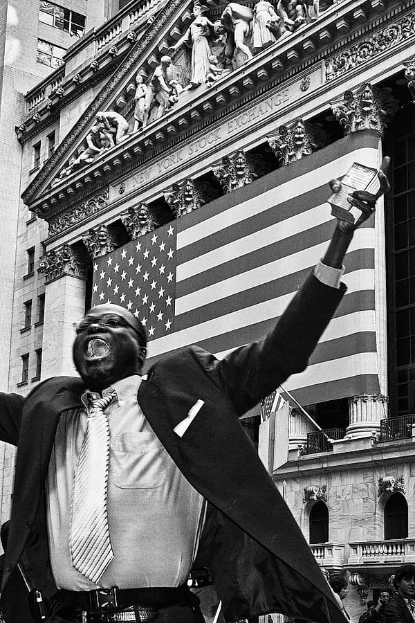 The Open Outcry - Visceral adrenaline and chaotic fervor define the scene, freezing a moment of pure human intensity within the high-stakes world of finance