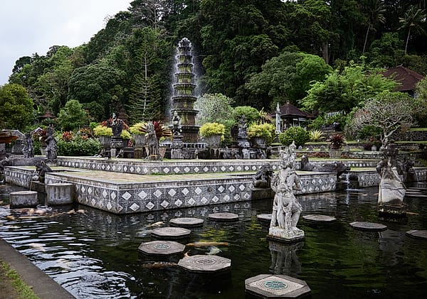 The Tiered Water Sanctuary - A harmonious interplay of architectural precision and untamed nature evokes a sense of timeless serenity