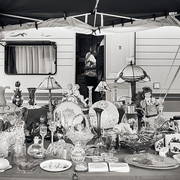 Sunday Market Still Life - This composition evokes the quiet, cluttered intimacy of a roadside discovery, where the remnants of domestic life are rearranged into a chaotic yet harmonious display