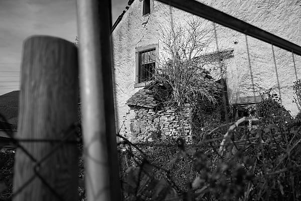 Weathered Walls Beyond - Secluded history permeates the atmosphere, where a weathered structure stands behind the blurred intimacy of an obscuring barrier